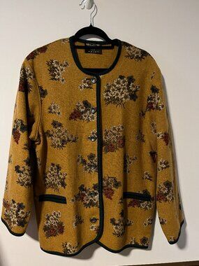 Norwegian Cottagecore Felted Wool Cardigan Vitabella Large Mustard Floral Scandi